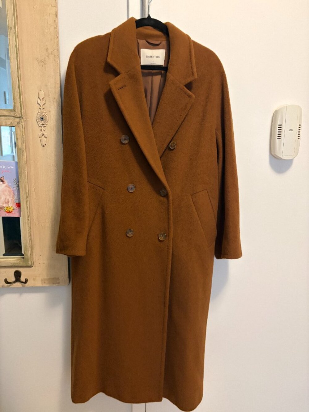 Babaton double-breasted long coat, size S, warm cognac color